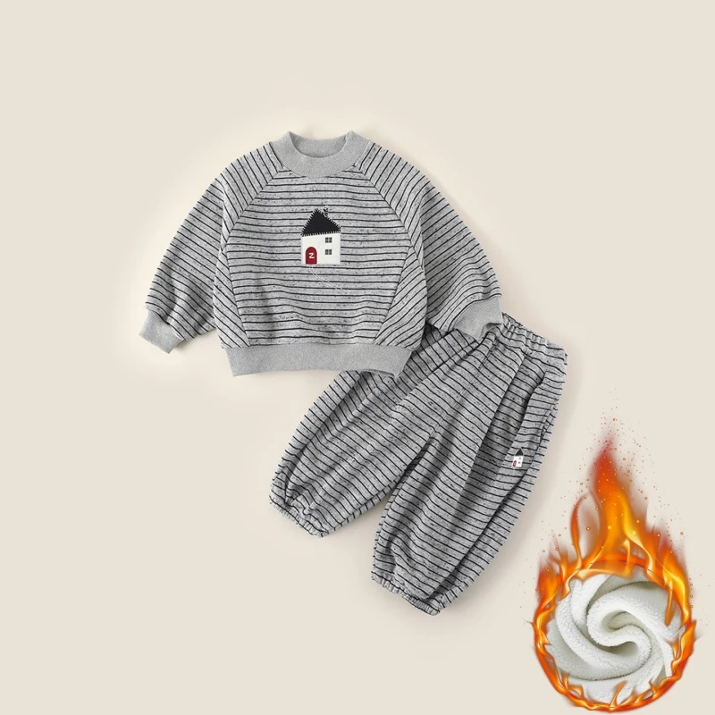 现货【薄绒】儿童加绒套装冬季新款男童韩版刺绣条纹两件套AT040