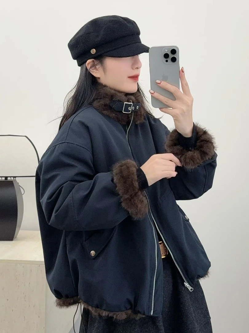 立领加绒加厚单面穿外套女2025冬新款韩版宽松短款百搭单面穿上衣