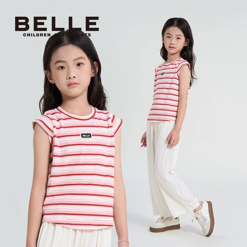 【门店同款】百丽夏季女童条纹短袖背心时尚亲肤透气亲子装运动女童