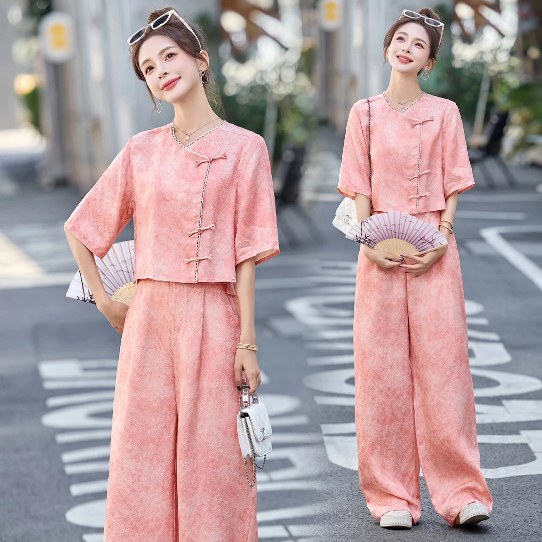 新中式国风阔腿裤套装女2025夏季新款时尚扎染中袖盘扣休闲两件套