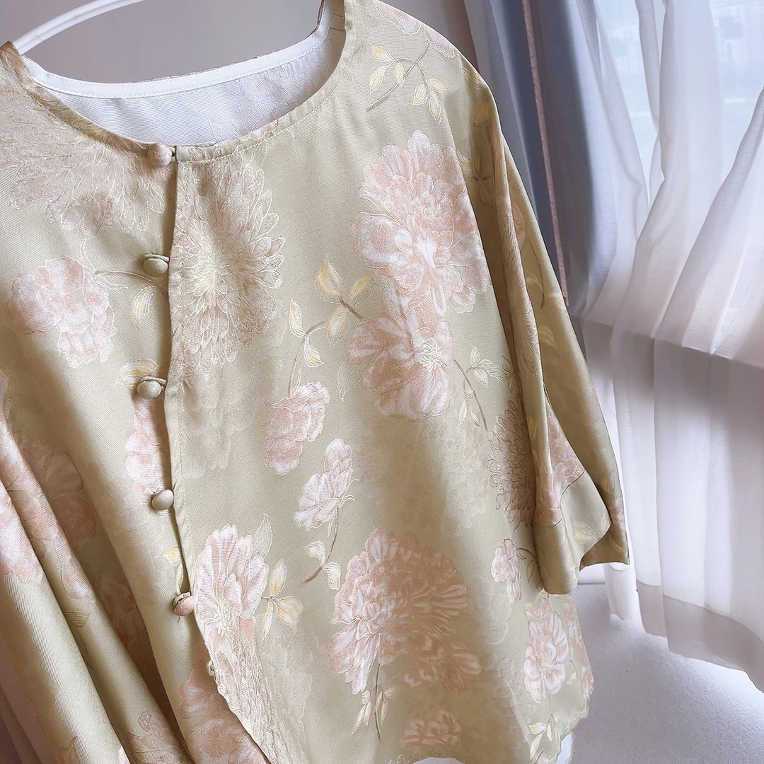 真丝上衣女夏季桑蚕丝织金正绢毛衫斜襟大码宽松新中式富贵牡丹花