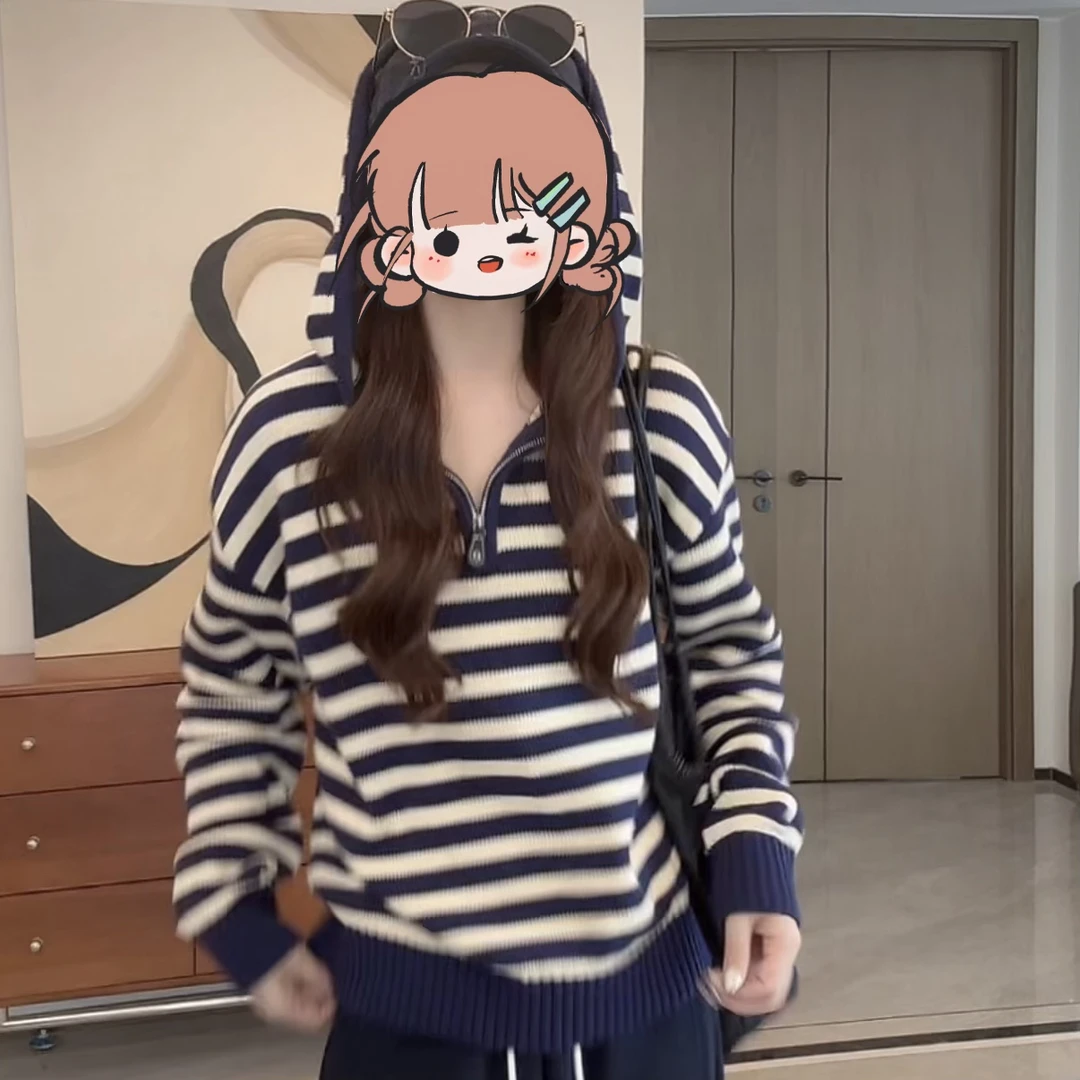 小众设计条纹半拉链连帽针织衫2025新款秋季百搭宽松休闲长袖上衣