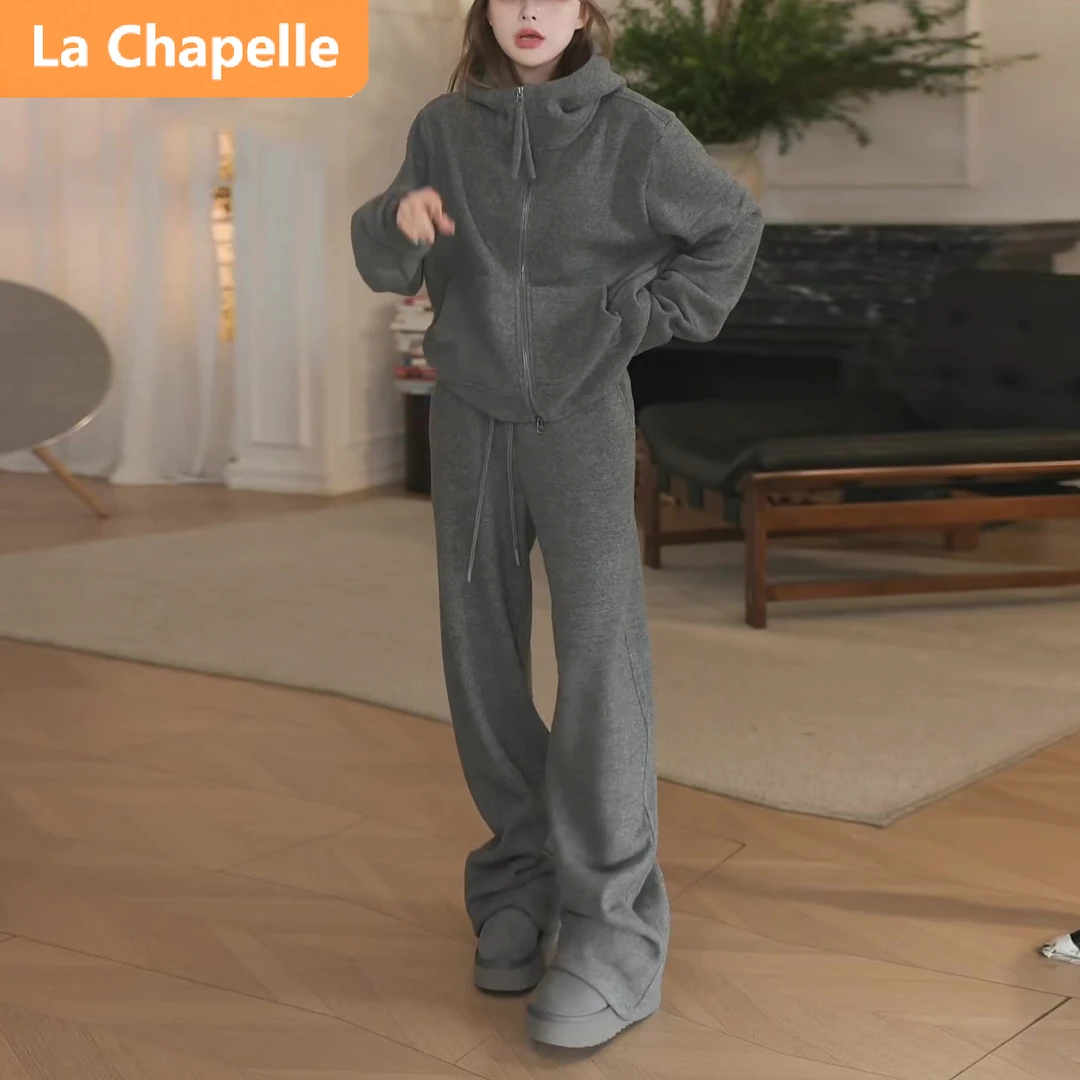 拉夏贝尔学院风休闲时尚套装女春秋冬宽松减龄灰色连帽卫衣两件套