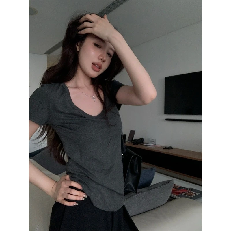 灰色u领短袖T恤女夏季2025新款修身基础款打底衫气质内