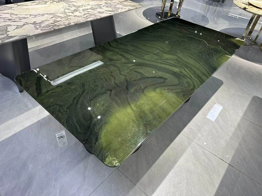 牛油果绿天然大理石餐桌奢石长形轻奢餐台客厅家用小户型高端别墅