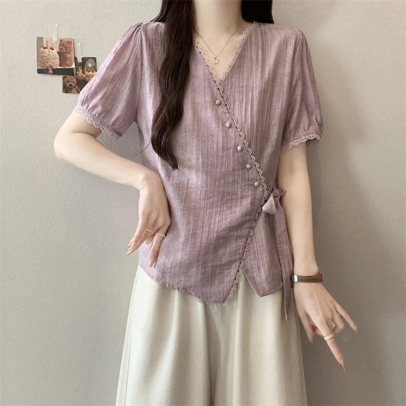 大码小香风V领别致衬衫女夏季遮肚胖mm宽松百搭系带显瘦短袖上衣
