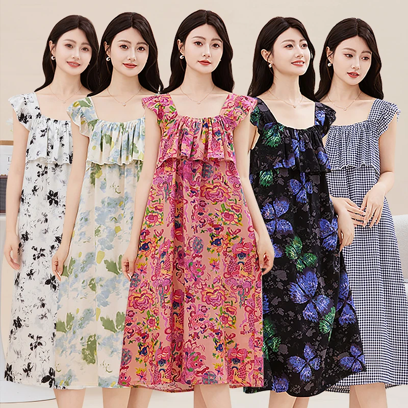 棉绸加宽吊带飞飞袖睡裙荷叶边遮胸免尴尬妈妈装透气两块居家服