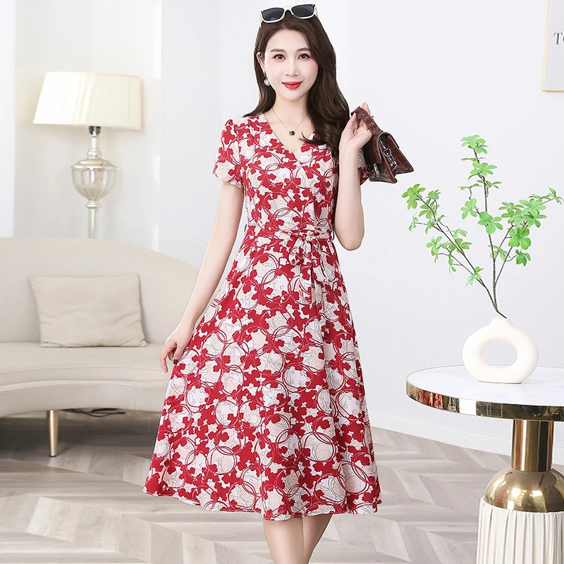 印花夏季高腰V领通勤连衣裙大码气质时尚小个子碎花裙子中长款