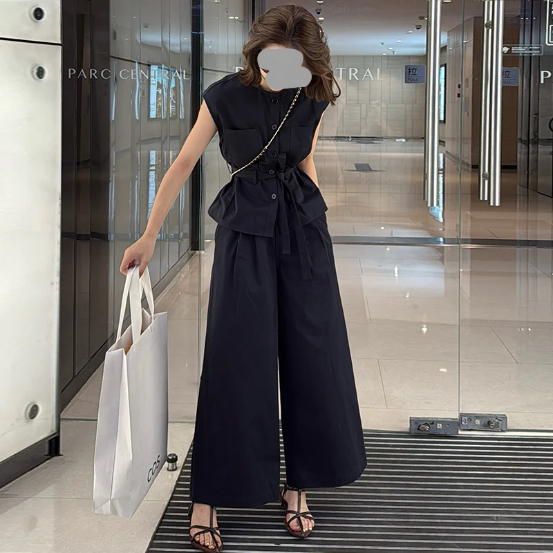 时尚休闲套装女2025夏季新款气质显瘦设计感上衣高腰阔腿裤两件套