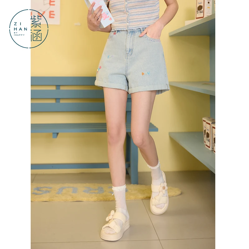 紫涵做旧卷边刺绣牛仔短裤女2025年夏季新款松紧休闲裤Z5Z05BS518