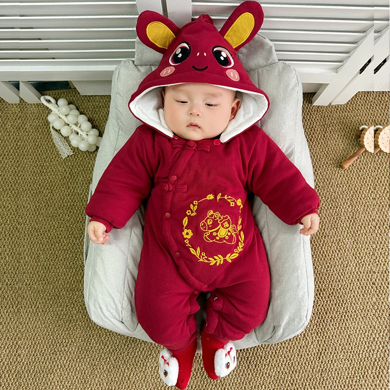 婴幼儿宝宝冬季棉服连帽保暖外套连身衣儿童装爬服满月哈衣连体衣
