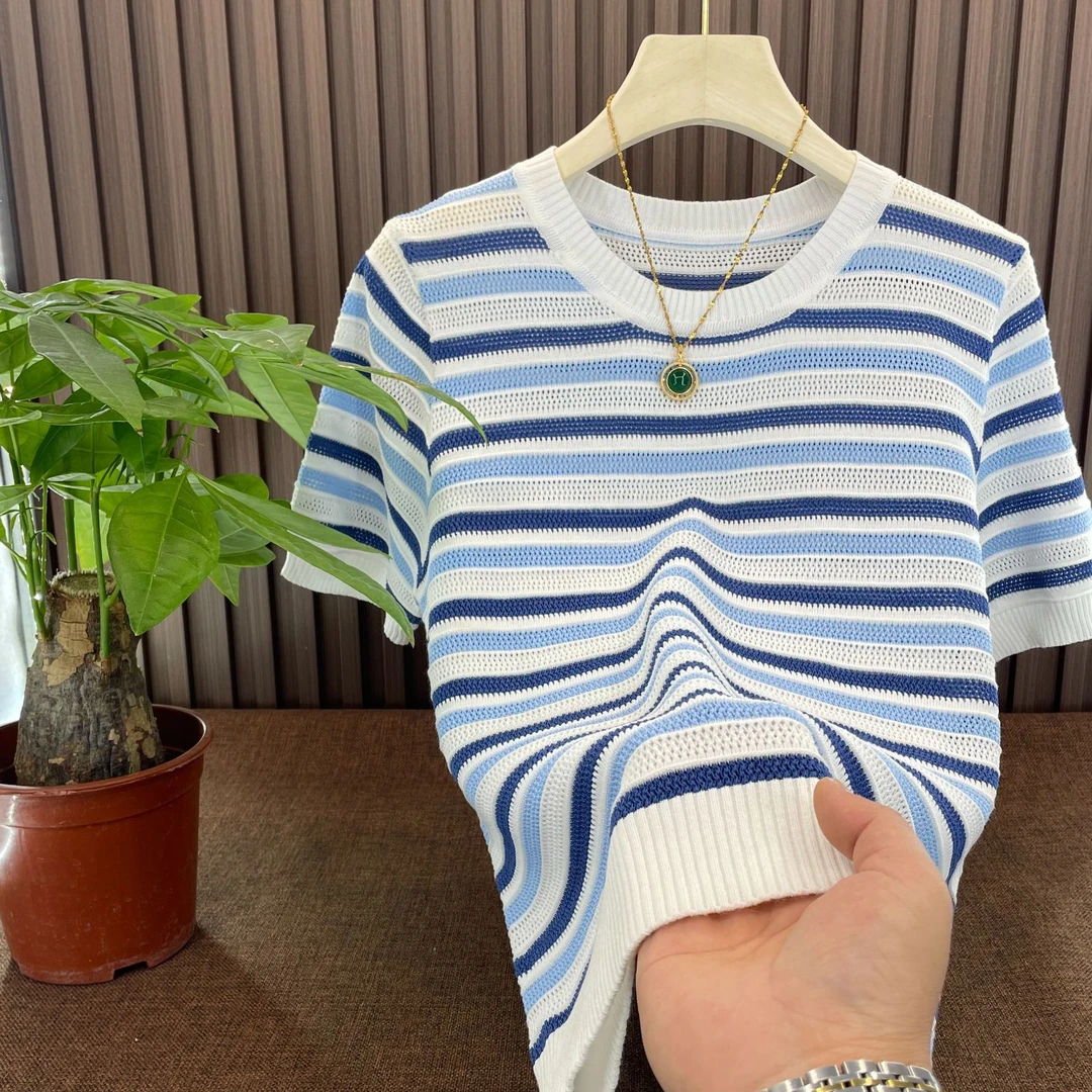 莱赛尔天丝-女士针织短袖夏季新款镂空拼色条纹衫