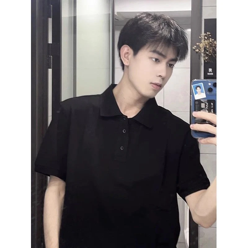 夏季时尚POLO衫黑色男士Polo衫短袖T恤宽松商务男士黑色冰丝POLO
