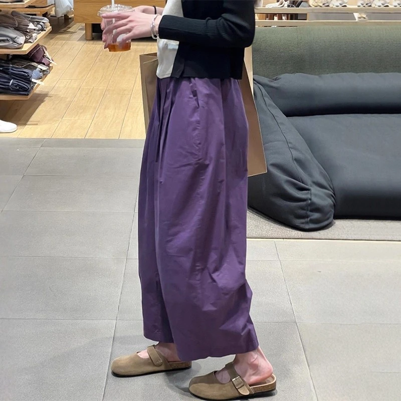 日系休闲紫色阔腿气球裤子女夏薄款大码胖mm显瘦小个子九分萝卜裤
