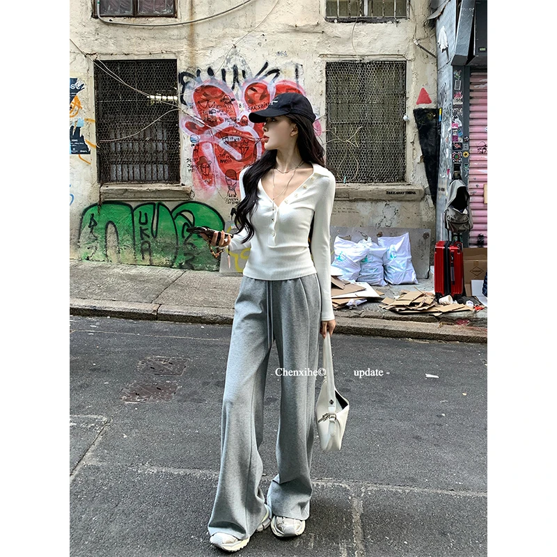 何晨曦「慵懒春日裤」春季女休闲百搭灰色白色阔腿运动裤T0676K