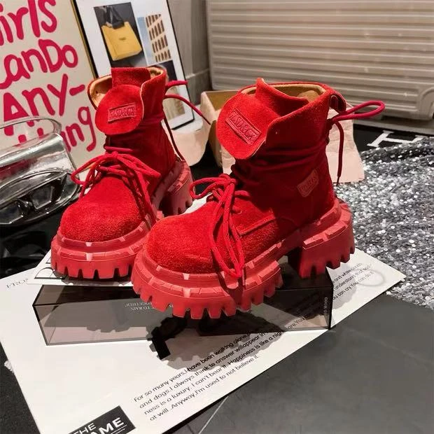 马丁靴大头磨砂糖果色翻领机车靴短靴帅气工装辣妹平底鞋女鞋