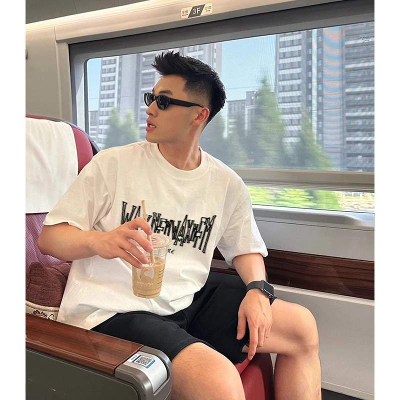 特大码300斤美式高街创意字母短袖T恤男夏季百搭新款休闲宽松上衣