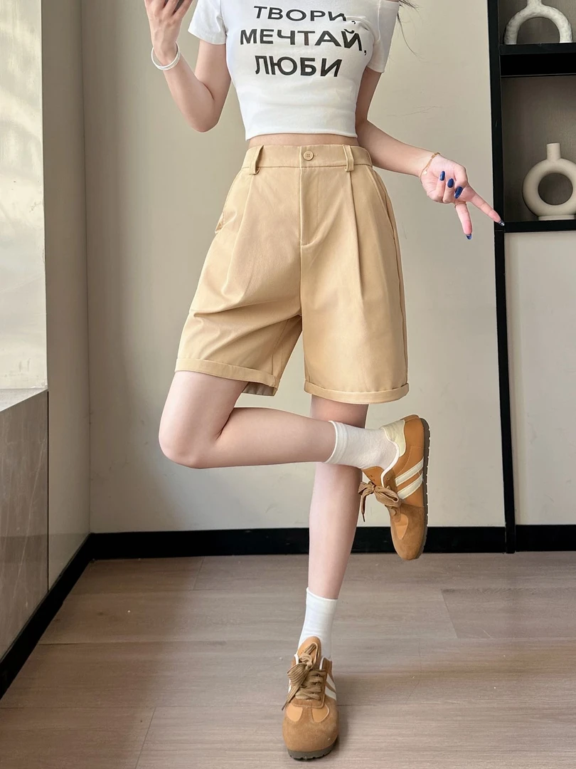 时尚直筒裤夏季短裤显瘦休闲风透气韩系直筒高腰森系小个子休闲裤