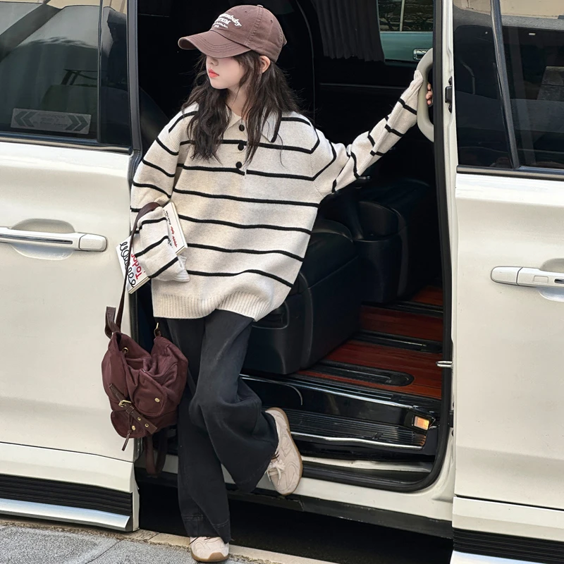 女童秋装卫衣套装2025秋季新款洋气宽松条纹毛衣polo套装T256