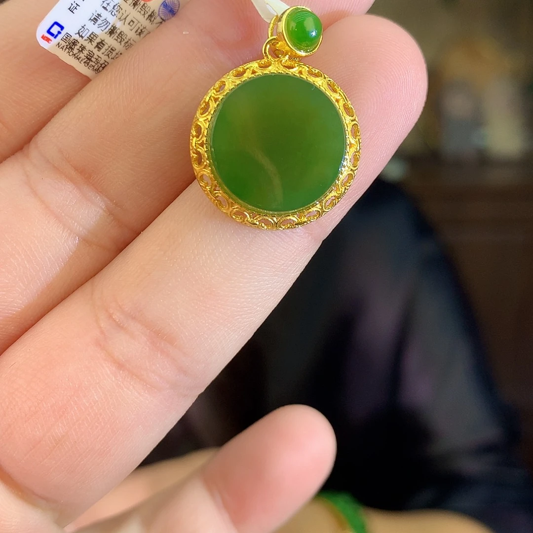 吊坠(不含链)银S925镶嵌和田玉（碧玉）带黑点
