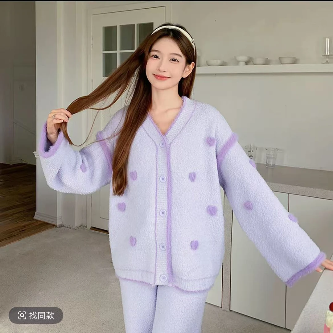 半边绒居家服睡衣套装保暖加绒高档可外穿秋冬家居服