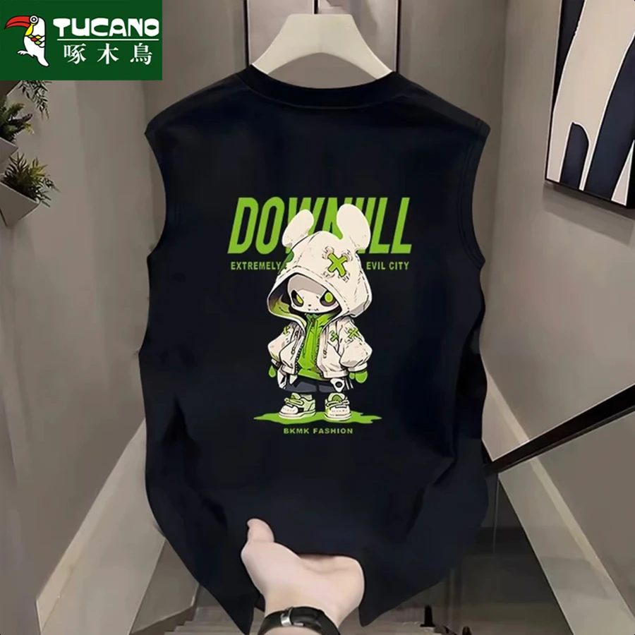 啄木鸟美式渐变高级设计纯棉重磅无袖t恤潮男士无袖圆领潮流休闲