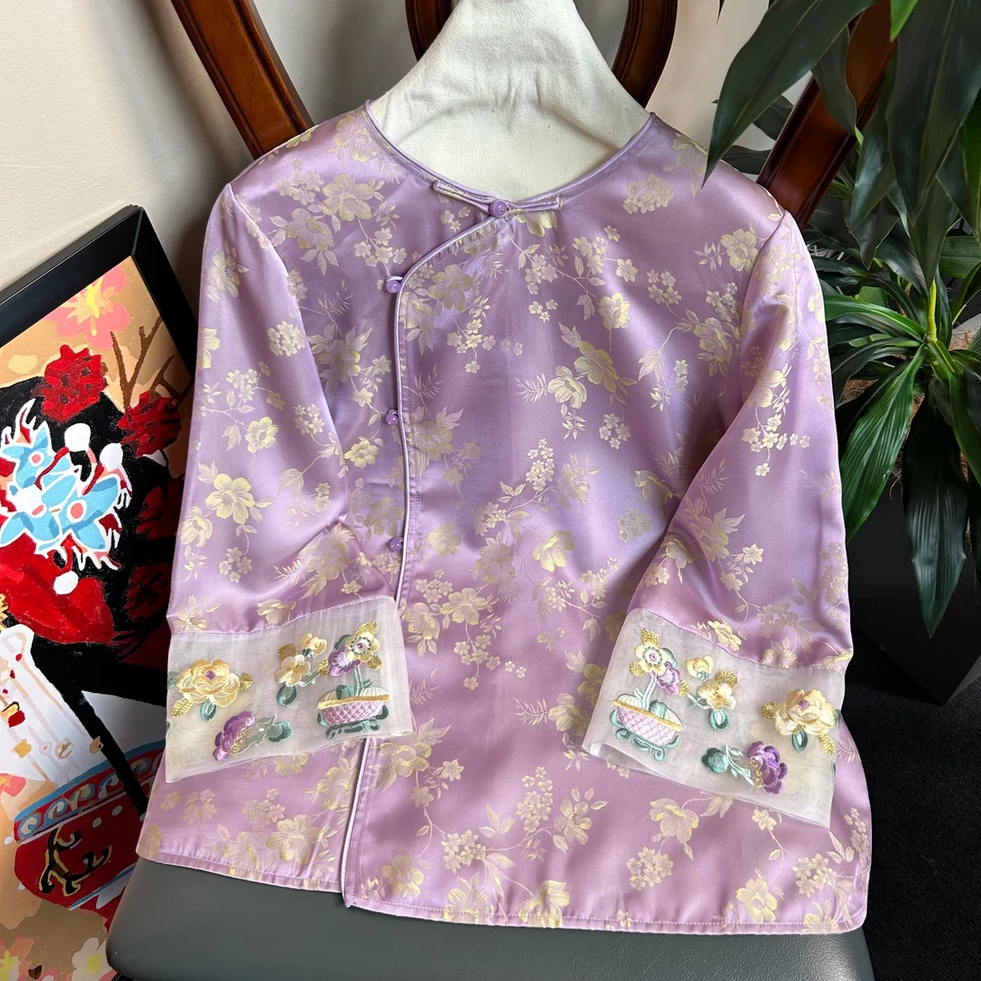 汉服碎花网红短款复古中国风印花紫色长袖新中式日常民族风35126