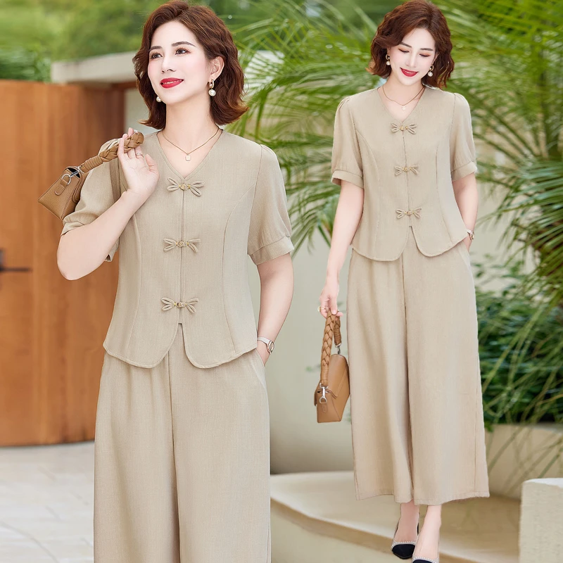 妈妈夏装新款国风套装洋气中老年女夏季短袖t恤两件套新中式上衣