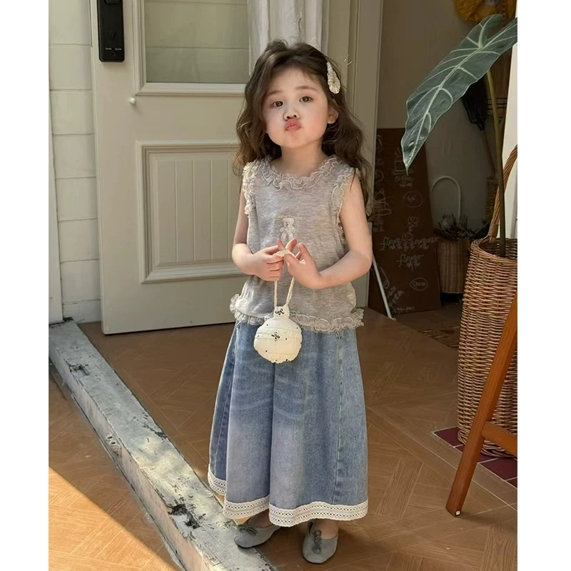 童装女童2025春季新款套装时髦洋气儿童甜美背心上衣蓝色牛仔裤潮