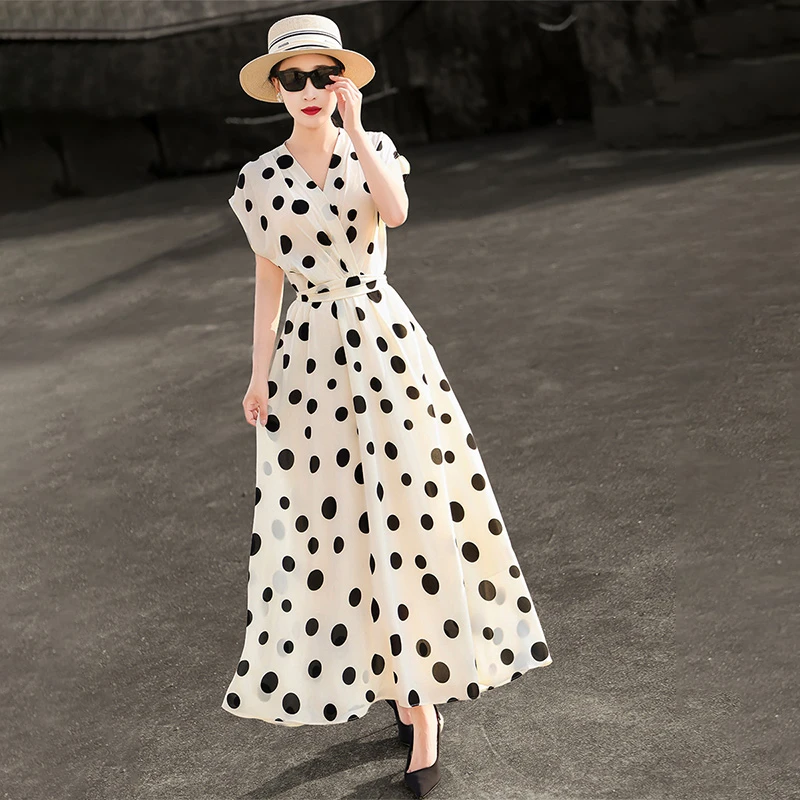 MEXCOCO/兰瑟儿夏新款法式复古波点V领无袖收腰连衣裙435XL2448