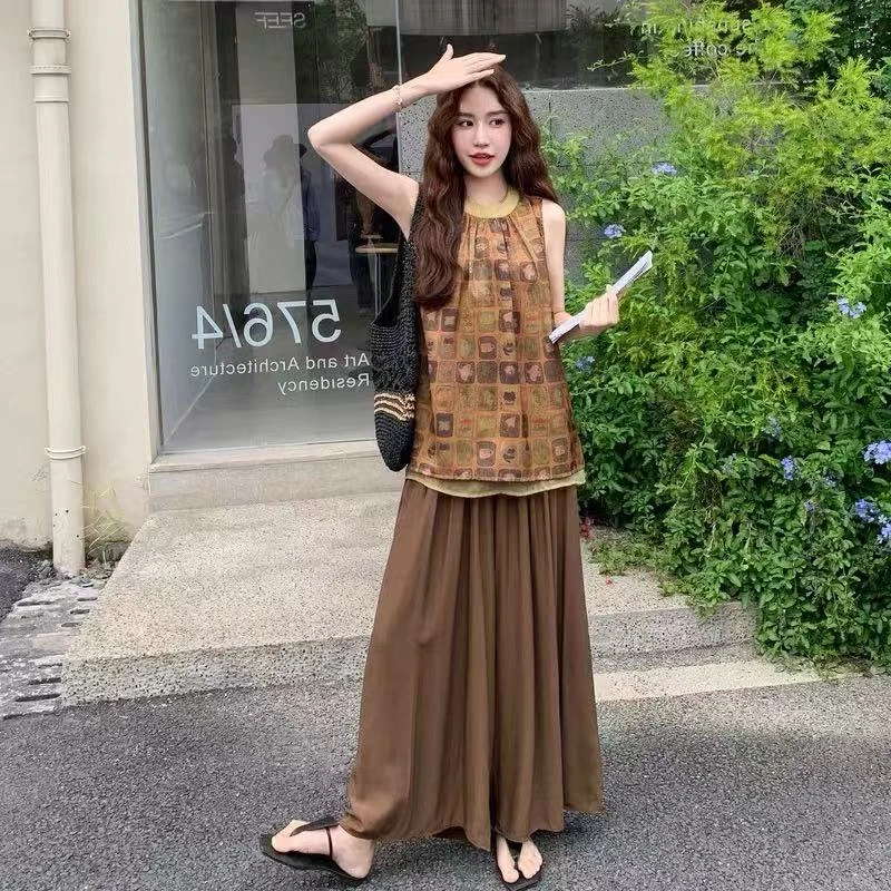 613/2585-1/139-9 复古印花背心套装裤度假风宽松休闲两件套