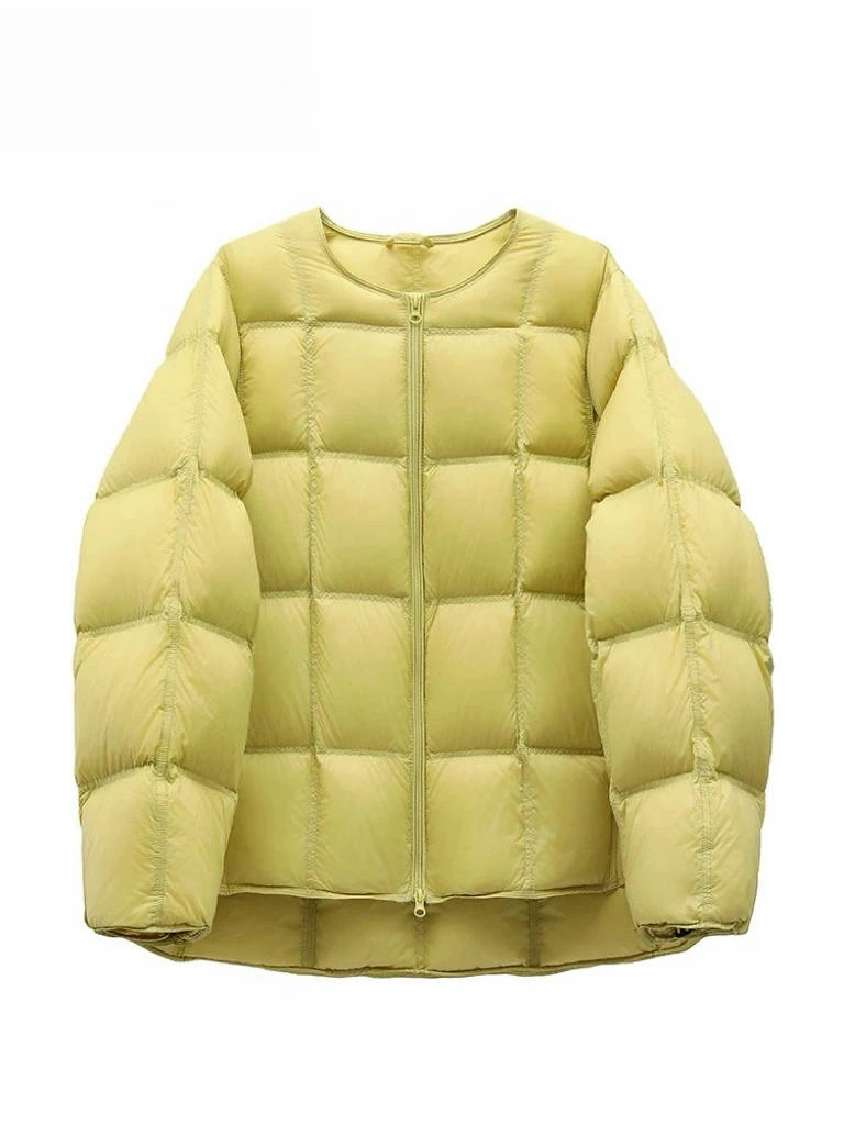 泡芙白鸭绒羽绒服女短款2024冬季新款加厚云朵方格轻薄圆领外套