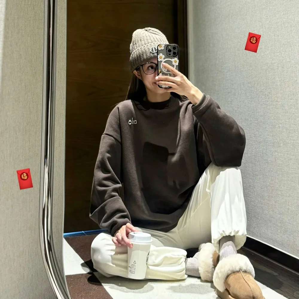 秋季新款ALO肯豆同款圆领套头卫衣宽松百搭老钱风运动休闲上衣女
