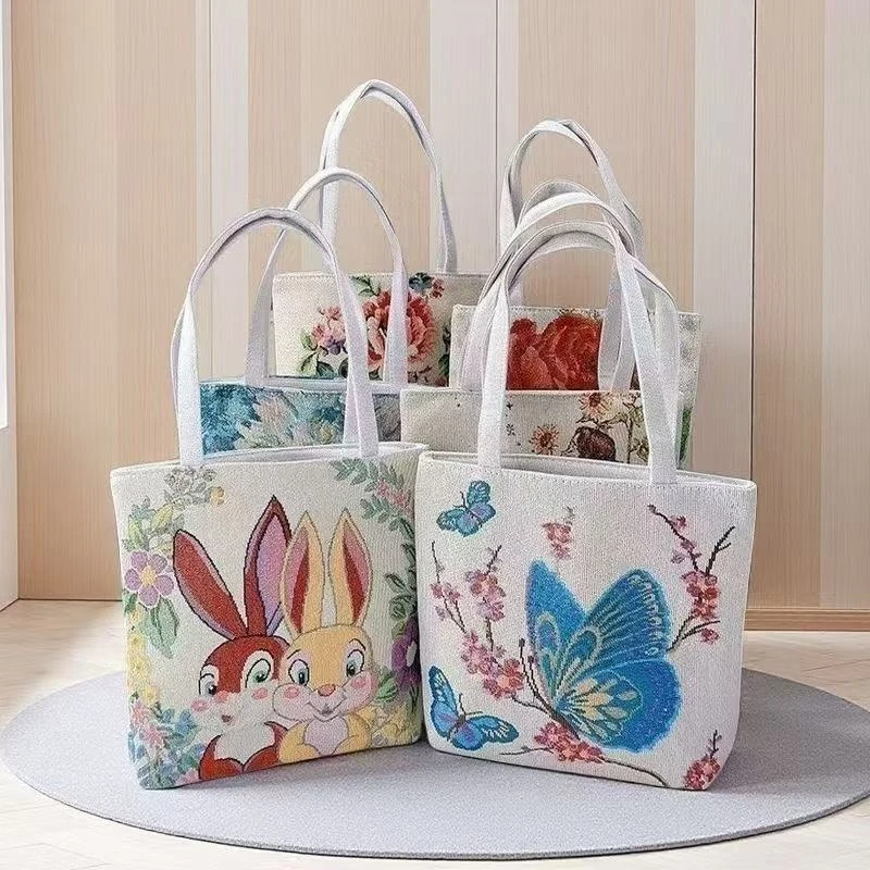 高颜值双面卡通拉链刺绣手提包布包手拎包单肩包女士挎包通勤书包