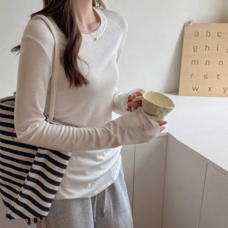 羊毛天丝慵懒风圆领插肩长袖t恤女士内搭秋冬季打底衫可外穿上衣