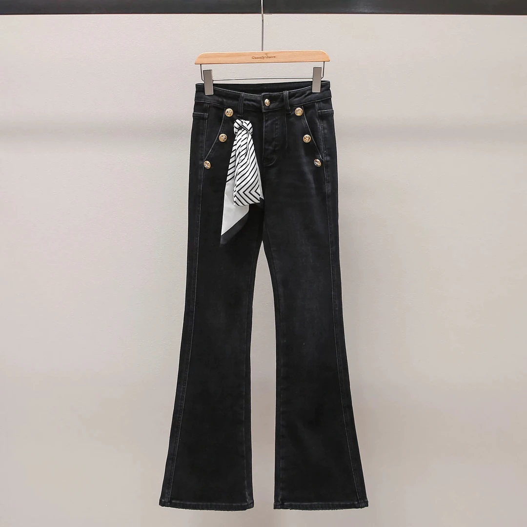 887#辣妹风直筒牛仔裤气质黑色窄版显瘦梨形身材穿搭微喇高腰长裤