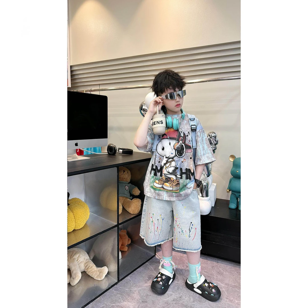 男童短袖动漫T恤夏款时尚街头男孩彩色印花潮酷薄款时尚潮t