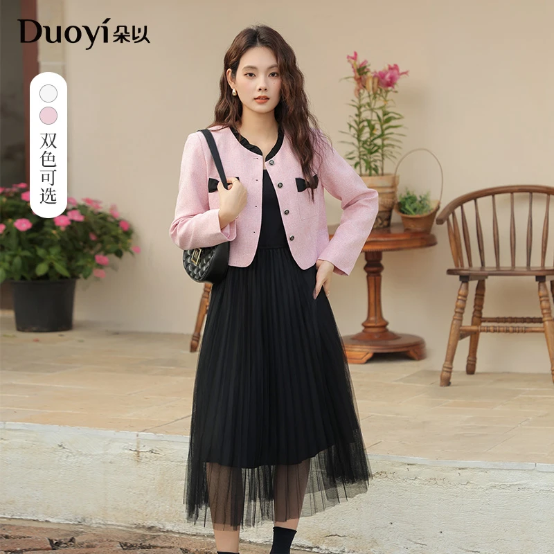 朵以2025春季新款小香风蝴蝶结短外套网纱连衣裙两件套39DC831078