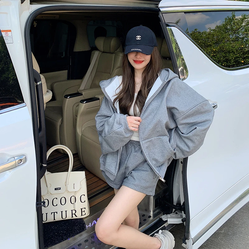 亮片如意秋季细闪微光灰色银河卫衣灰色加绒卫衣女慵懒风休闲拉链