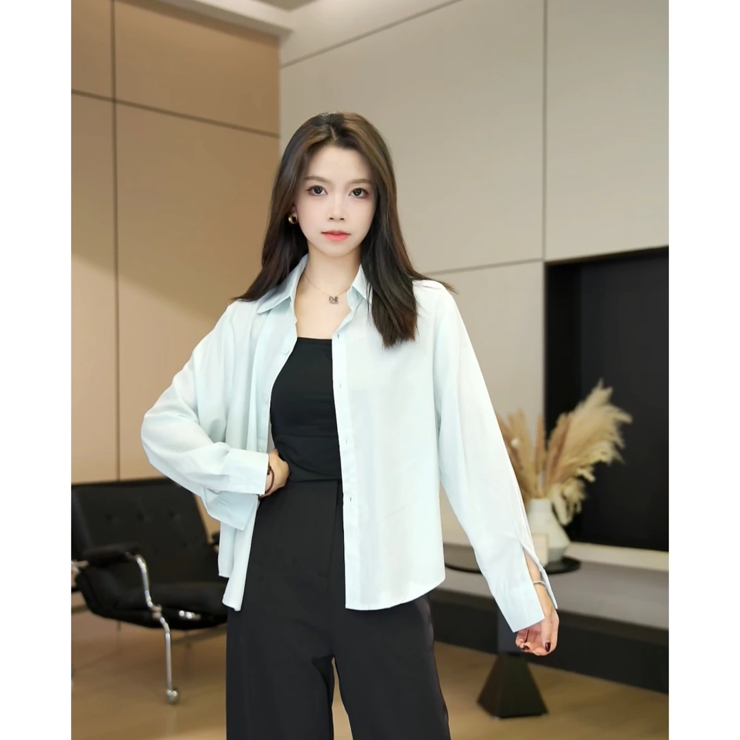 【小个子】百搭宽松翻领设计感小众纯色简约薄款衬衫-9591