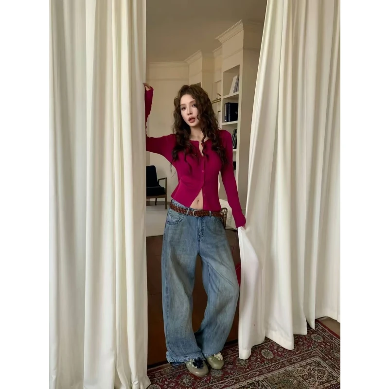 韩版设计感气质减龄百搭长袖针织开衫高腰复古垂感牛仔阔腿长裤潮