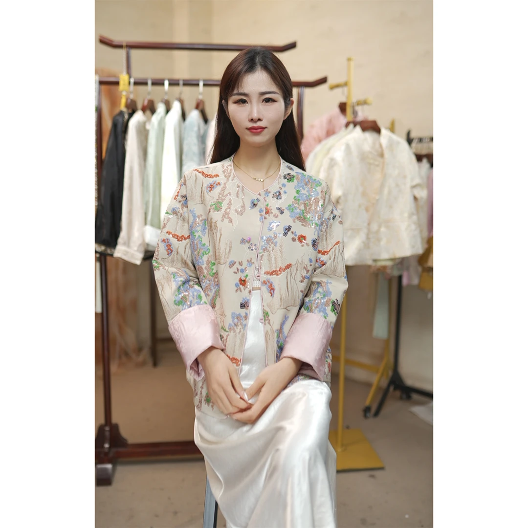 【彩亭宇】新中式新款国风时尚圆领长袖国风提花重工宽松显瘦短外套