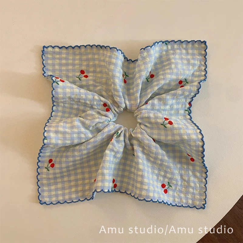 韩系甜美风格子樱桃方巾大肠发圈女方形扎发低马尾发绳头绳发饰品