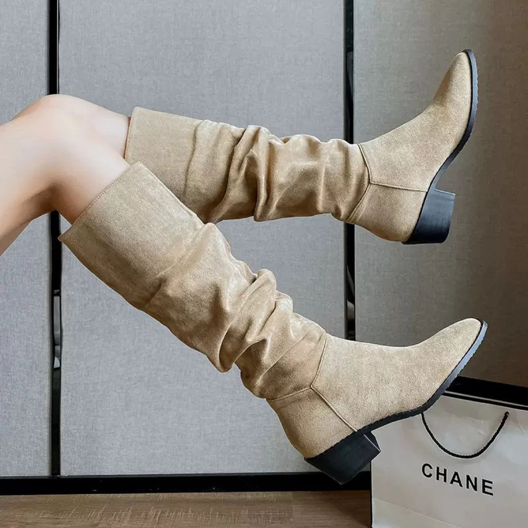 内增高堆堆靴长筒骑士靴子2025新款秋季法式中筒瘦瘦西部牛仔长靴