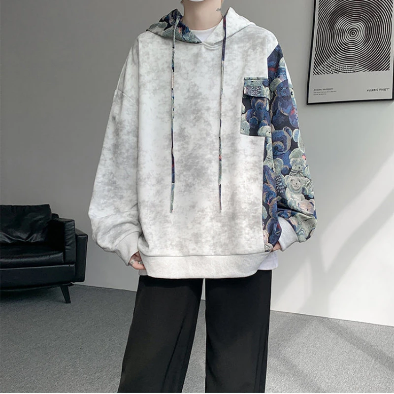 复古蓝小熊拼接宽松连帽卫衣男春秋季oversize国风高街大码灯芯绒