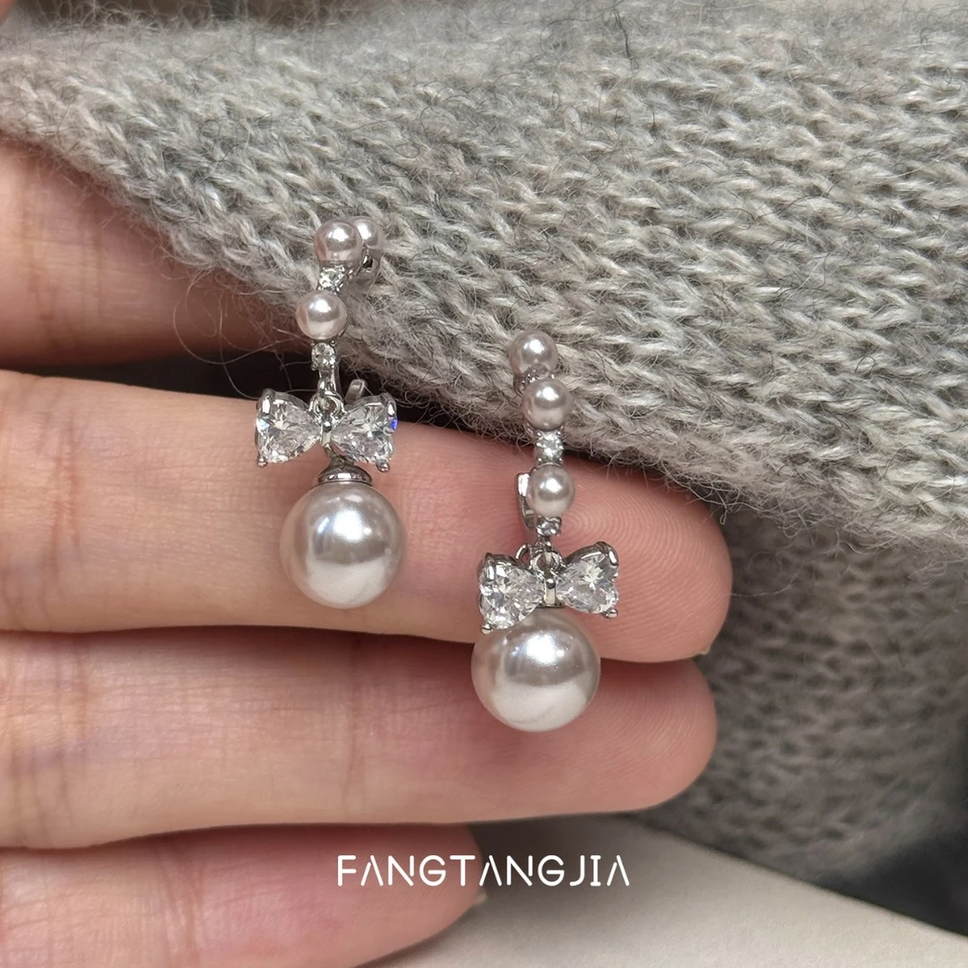 铜合金锆石耳饰 韩系曼塔玫瑰珍珠蝴蝶结耳环高级感小众设计耳钉