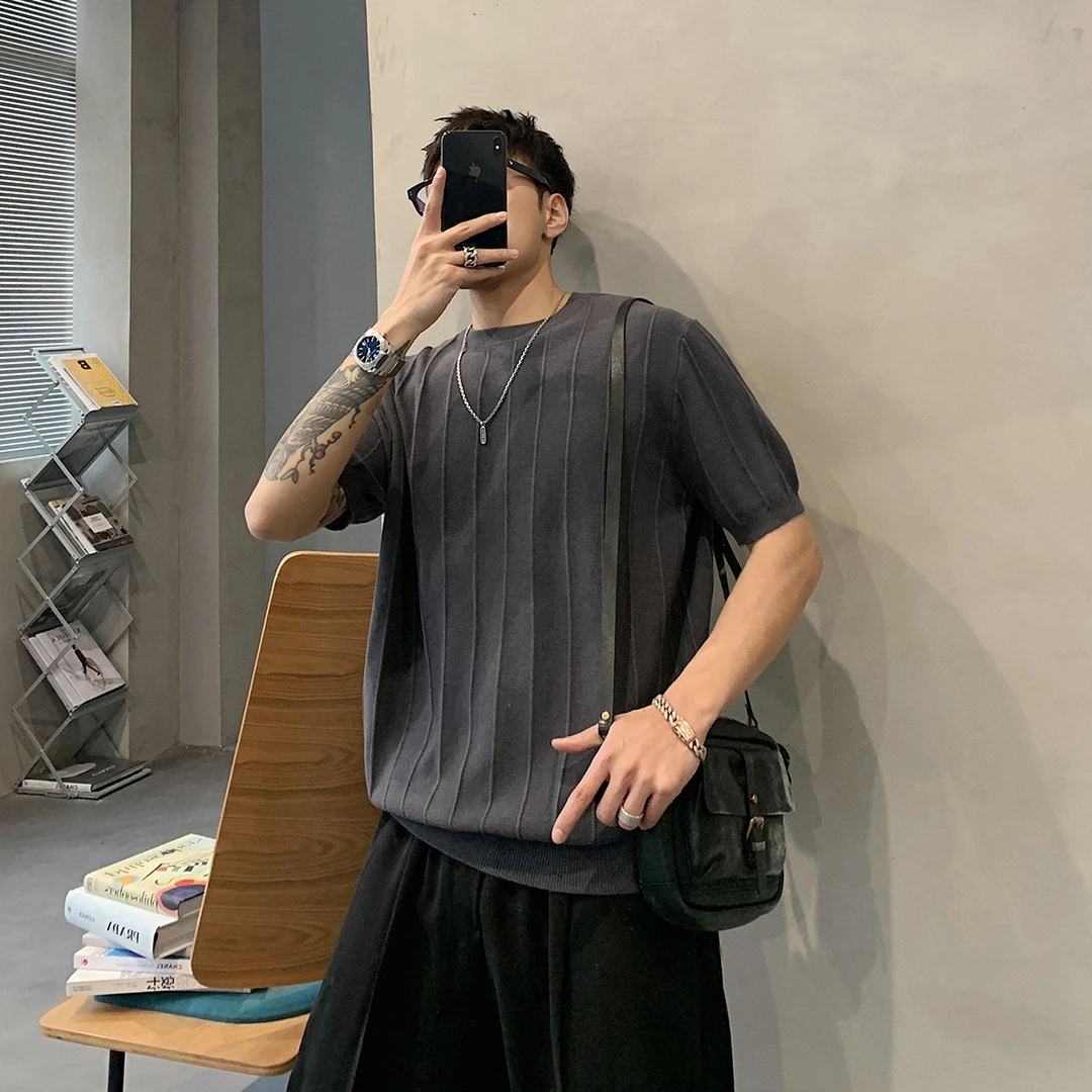 2025夏季新品韩版修身冰丝针织圆领短袖T恤男士潮流体恤雅痞t恤男