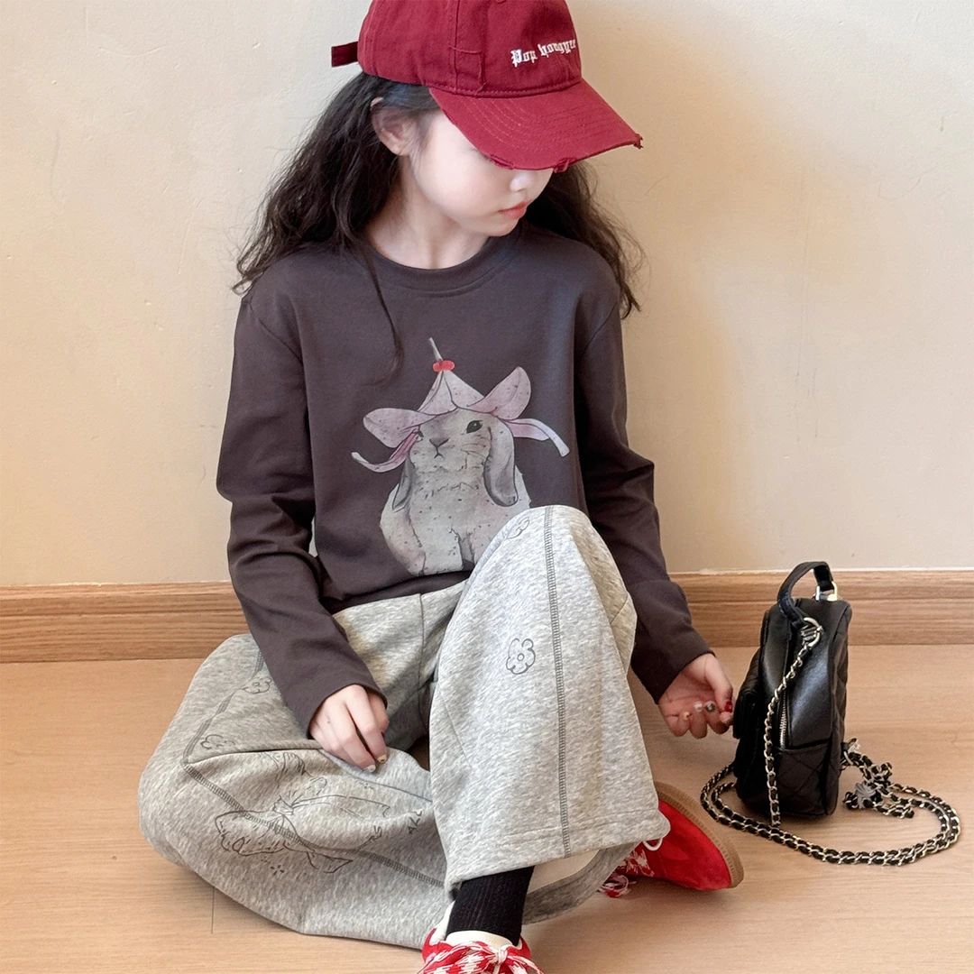 女童春秋长袖T恤2025新款小女孩秋季韩版时髦打底衫儿童休闲卫裤9