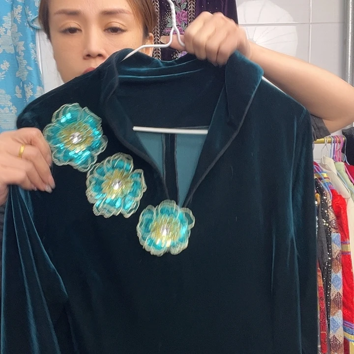 金丝绒长裙绿色大花