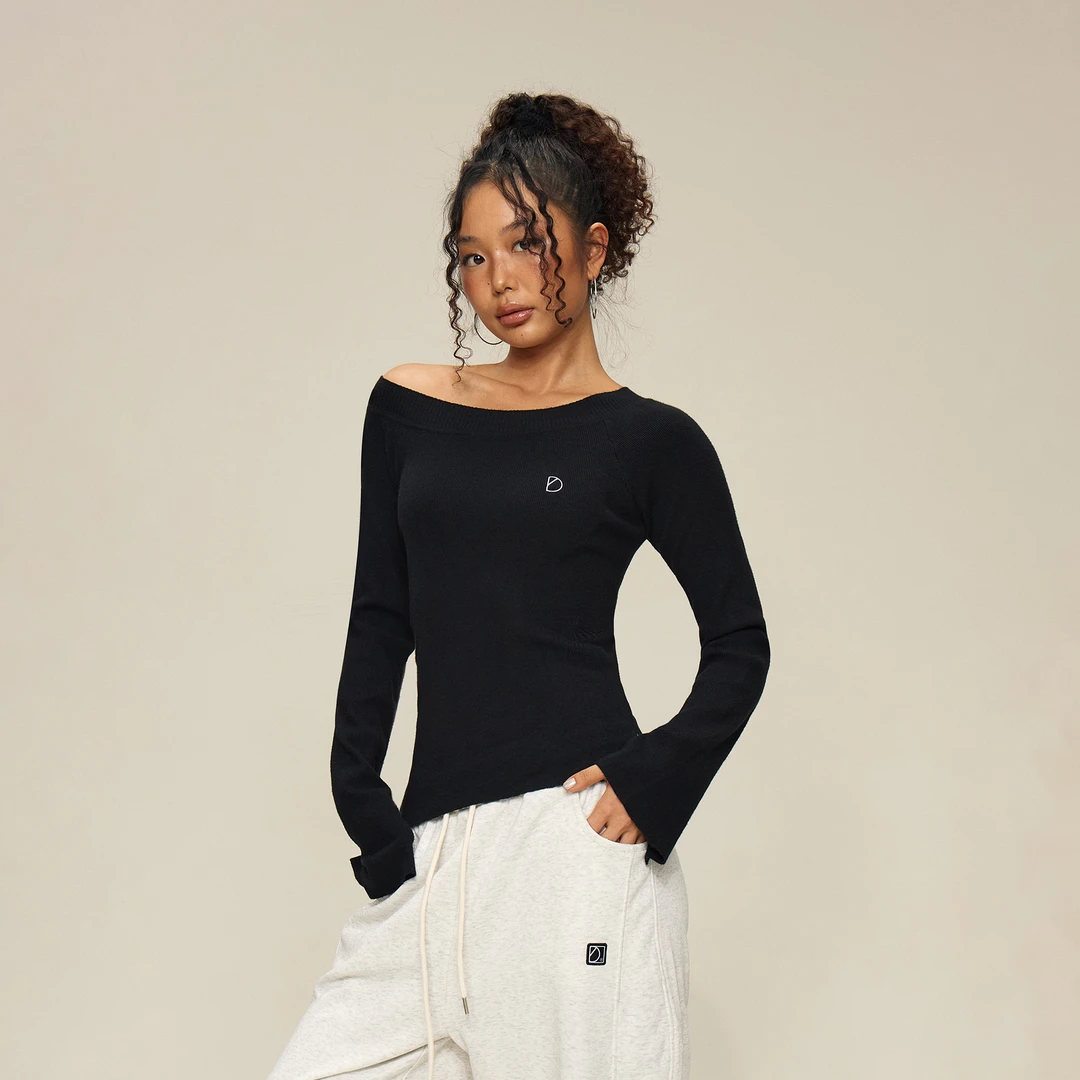 SMILE DDD斜肩针织打底衫一字肩秋冬嘻哈运动跳舞爵士jazz上衣